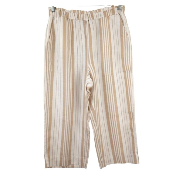 Chico's Womens 1.5 M 10 Tan White Striped 100% Linen Capri Cropped Pull On Pants - Picture 1 of 6